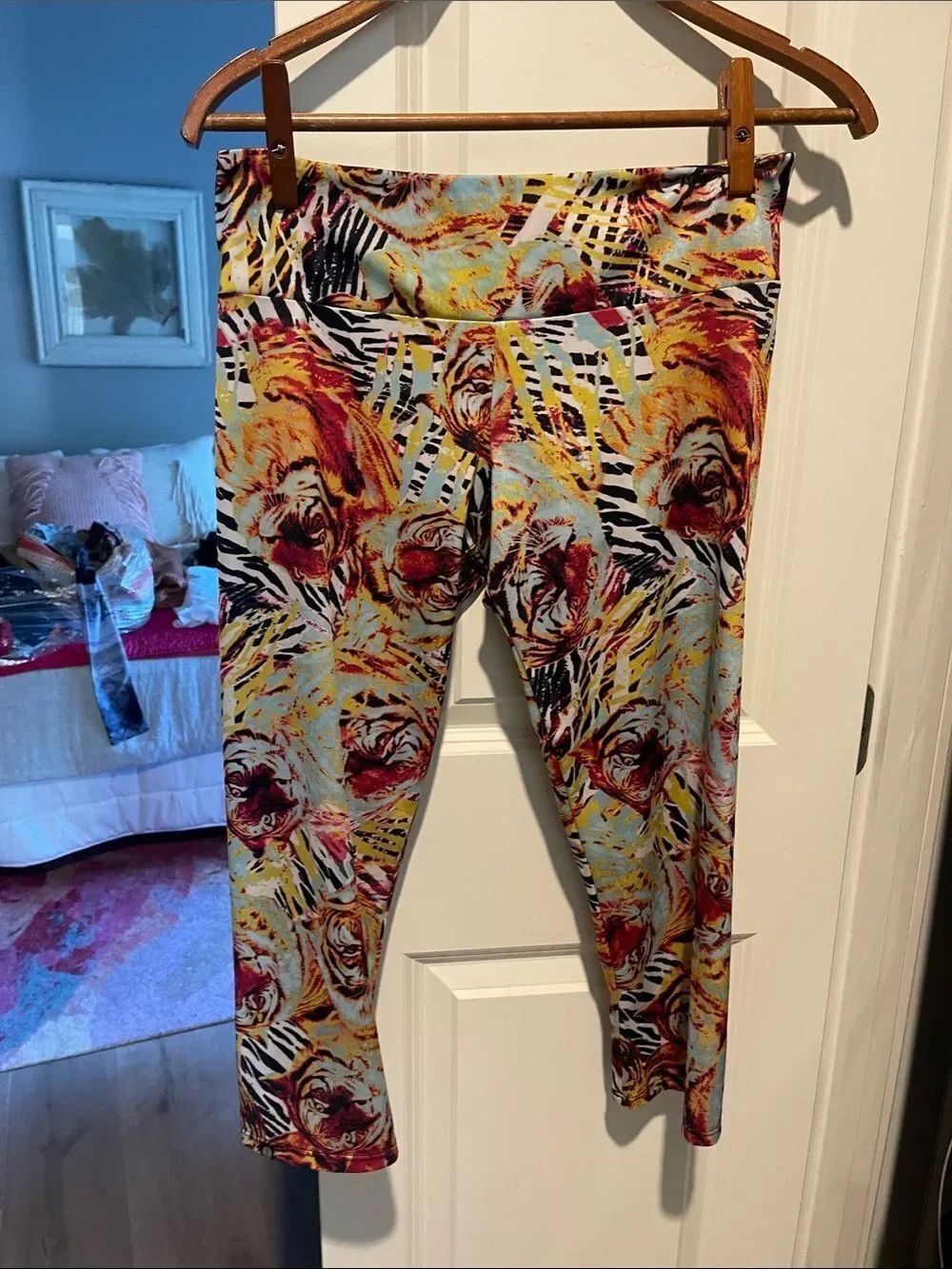 Onzie Floral Zebra Print Leggings in Light Blue, Yellow, Red